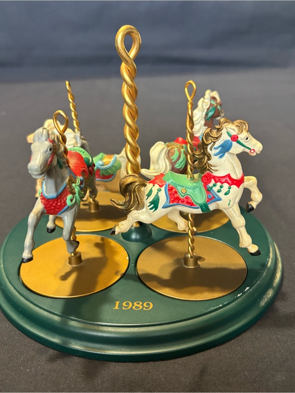 Vintage 1989 Hallmark Christmas Carousel Horse Ornament Toy Set - Green & Gold